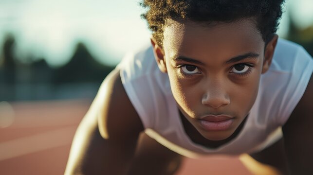 Determined young athlete in starting position on running track, intense gaze.