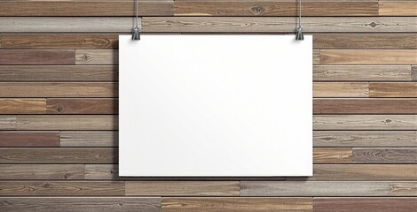 Blank white poster mockup template hanging on rustic wood wall background using metal binder clips for creative presentation concept display. Ai generative