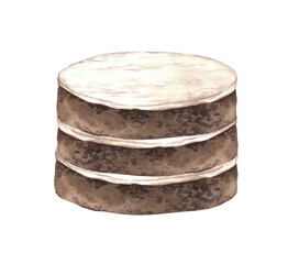 Obraz premium A multilayer cake with chocolate porous layers with delicate white cream. Watercolor illustration of a cake without different jewelry is suitable for confectionery, bakery, sweet food design.