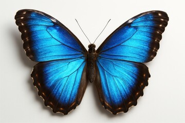 Iridescent morpho butterfly with wings spread showing electric blue shimmer against soft white studio background perfect for design