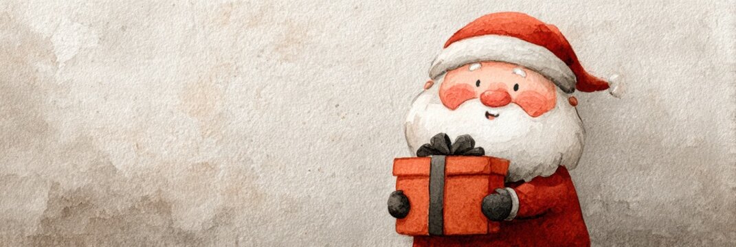 Santa Claus holding a gift with a cheerful expression in a festive setting during the holiday season