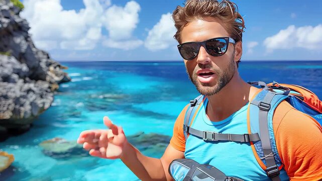 Diver in wetsuit talking by the ocean shore under bright blue sky
