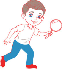Cartoon boy exploring with a magnifying glass on a fun adventure full body shot