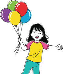 Cheerful girl holding colorful balloons and smiling broadly