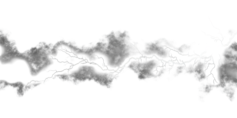 A bright white lightning bolt streaks through dark storm clouds isolated on transparent background