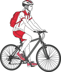 Woman riding a bicycle with helmet and backpack in a sporty outfit outdoors