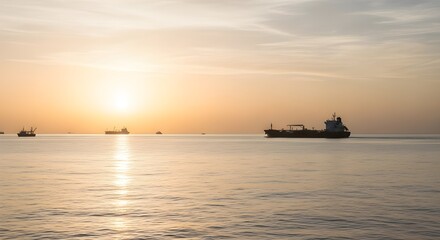 Obraz premium Majestic cargo ships sail across calm sea at sunset, reflecting warm golden light across the water.