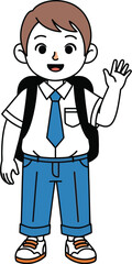 Cheerful student waving hello with backpack and school uniform illustration