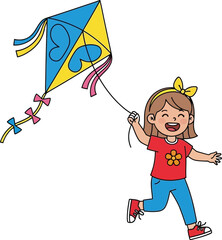 Happy young girl running and flying a colorful kite on a bright sunny day outdoors