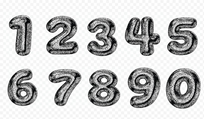 Grunge textured numbers set from 0 to 9 in bold bubble style. Distressed halftone effect with transparent background. Perfect for retro design, posters, typography, stickers, vintage graphics, and cre