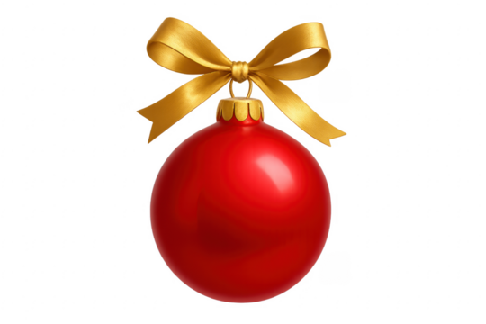 Red christmas ball hanging with golden ribbon on transparent background