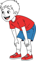 Cartoon boy in red shirt and blue shorts looking down with a happy expression
