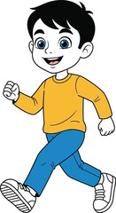 Cartoon boy happily walking with a smile on his face in a simple illustration