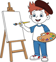 Young boy artist painting on a canvas with a brush and palette in art studio
