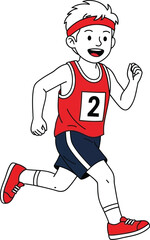Cartoon runner in red and blue athletic gear sprints forward with determination