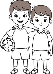 Two young boys with a soccer ball standing together as teammates and friends