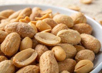 Detailed close-up of salted peanuts in natural light, perfect for packaging, advertising and nutrition-related visuals