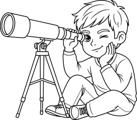 Cartoon boy looking through a telescope with a smile