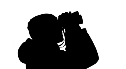 Silhouette of a man looking through binoculars on transparent background