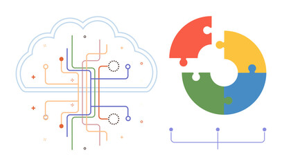 Cloud outline with interconnected circuits next to a circular puzzle chart. Ideal for technology, innovation, connectivity, teamwork, data integration, problem-solving, modern computing. Simple flat