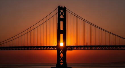 Obraz premium Stunning Golden Gate Bridge silhouette at sunset with vibrant orange sky and water