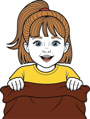 Little girl with a ponytail holding open a brown bag with a happy expression