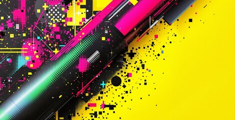 Abstract digital explosion of colorful geometric pixel shapes and halftone patterns on a bright yellow background in futuristic art concept style. Ai generative