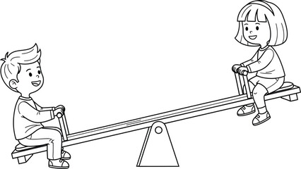 Two happy children playing on a seesaw in a black and white line drawing style
