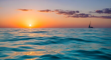 Fototapeta premium Serene sailboat glides across tranquil ocean waters at vibrant sunset, evoking peace and wanderlust.