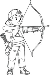 Young boy archer aiming with bow and arrow in a cartoon outline illustration
