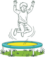 Joyful boy jumping high on a trampoline in a playful outdoor illustration style