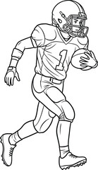 American football player running with the ball in a black and white illustration