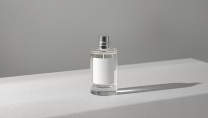 Elegant Professional Shot of a Glass Perfume Bottle with a Silver Cap and Blank Label, Situated on a White Table with Dynamic Light and Shadows