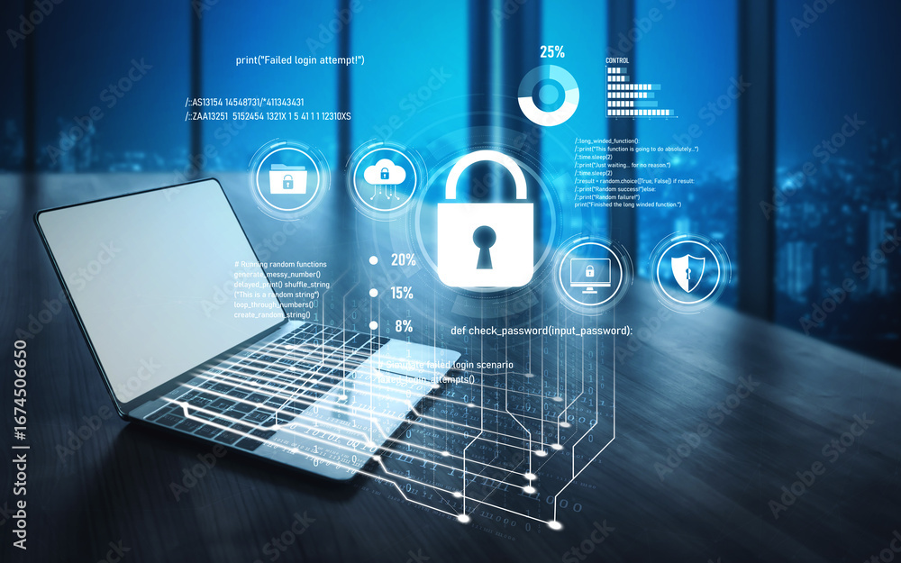 Poster cyber security protects against breaches, hacks, and network attacks using strong infrastructure and