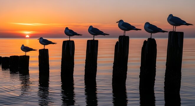 Seagulls perched on weathered wooden posts at sunset, casting peaceful reflections on calm water