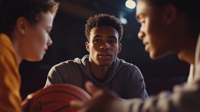 Three young basketball players huddle together, discussing strategy on a court.