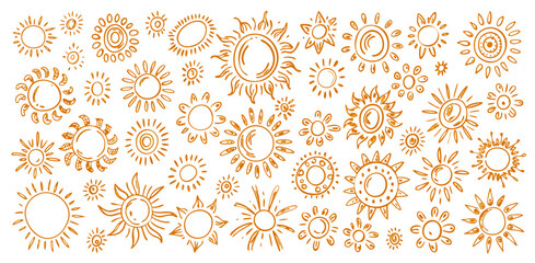 Hand-Drawn Sun Illustrations: Diverse Set of Golden Sun Designs