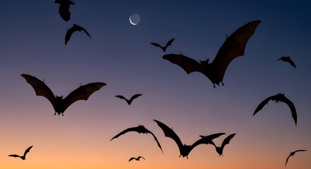 Fototapeta premium Mysterious bats silhouette against twilight sky with crescent moon, creating a hauntingly beautiful scene for Halloween