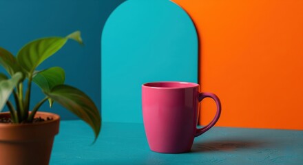 Pink coffee mug mockup on a modern, colorful background. Minimalist still life with a houseplant against a vibrant blue, orange, and teal geometric wall. Template for branding or design.