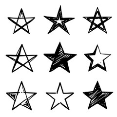 Nine Hand-Drawn Star Icons: Doodle Style Star Set