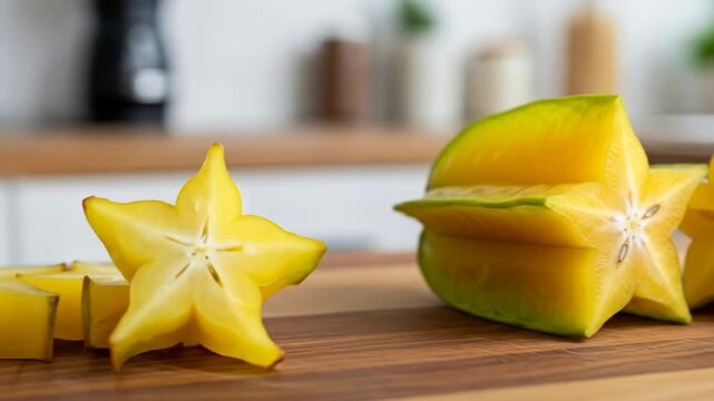Close-up of sliced star fruit on a wooden cutting board in a kitchen setting.