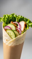 Healthy chicken wrap with fresh salad and vegetables in a takeaway paper cone. Close-up of a tortilla roll with grilled chicken, lettuce, and cucumber for a nutritious lunch to go.