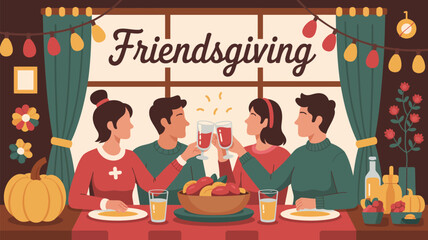 Friendsgiving celebration with four people toasting at a table with food and festive decorations