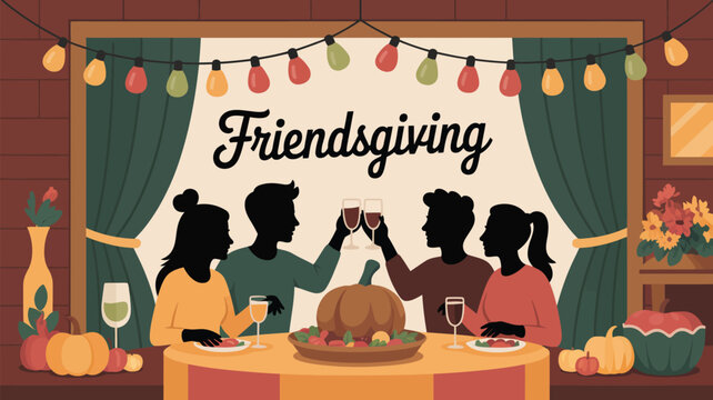 Friendsgiving celebration with silhouettes of people toasting with wine and food on a table setting - Powered by Adobe