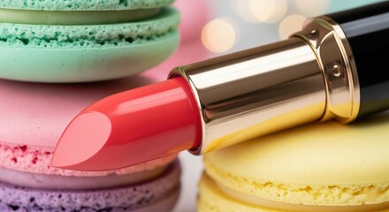 Pink beauty lipsticks in a row on a wooden table, a makeup accessory with a shiny color