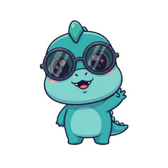 Fototapeta premium Cute cartoon dinosaur wearing sunglasses waving hello