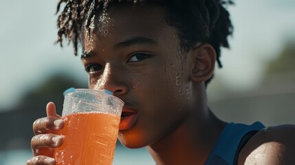 Close-up of a sweaty teen boy drinking an orange beverage outdoors on a sunny day.