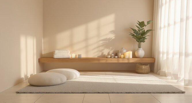 Minimalist spa and meditation room interior with candles, cushions, folded towels, indoor plant and soft natural sunlight
