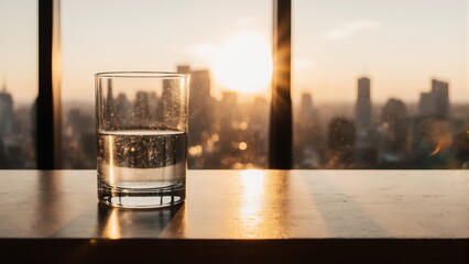 Clear glass of water half full on polished wooden desk with natural light from large window creating calm minimalist composition ideal for lifestyle or wellness concepts