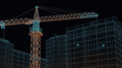 Futuristic holographic digital model of a building under construction with modern architectural details ideal for innovation technology and urban development concepts